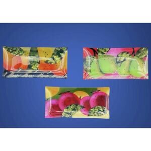 Tropical Serving Trinket Trays 3 Colorful Fruit Decorative Resin Foil Signed